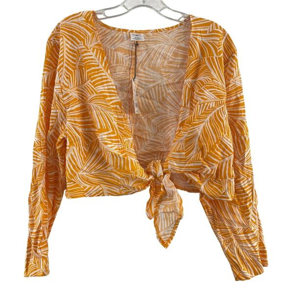 Shade & Shore Yellow White Leaf Tie-Front Crop Linen Blend Blouse Women’s L NWT - Picture 1 of 5